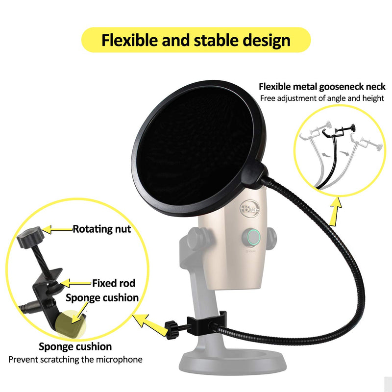 Microphone Pop Filter for Blue Yeti and Any Other Mic，Mic Dual Layered Wind Pop Screen，Wind Mask Shield Screen with 360° Flexible Gooseneck Stabilizing Arm