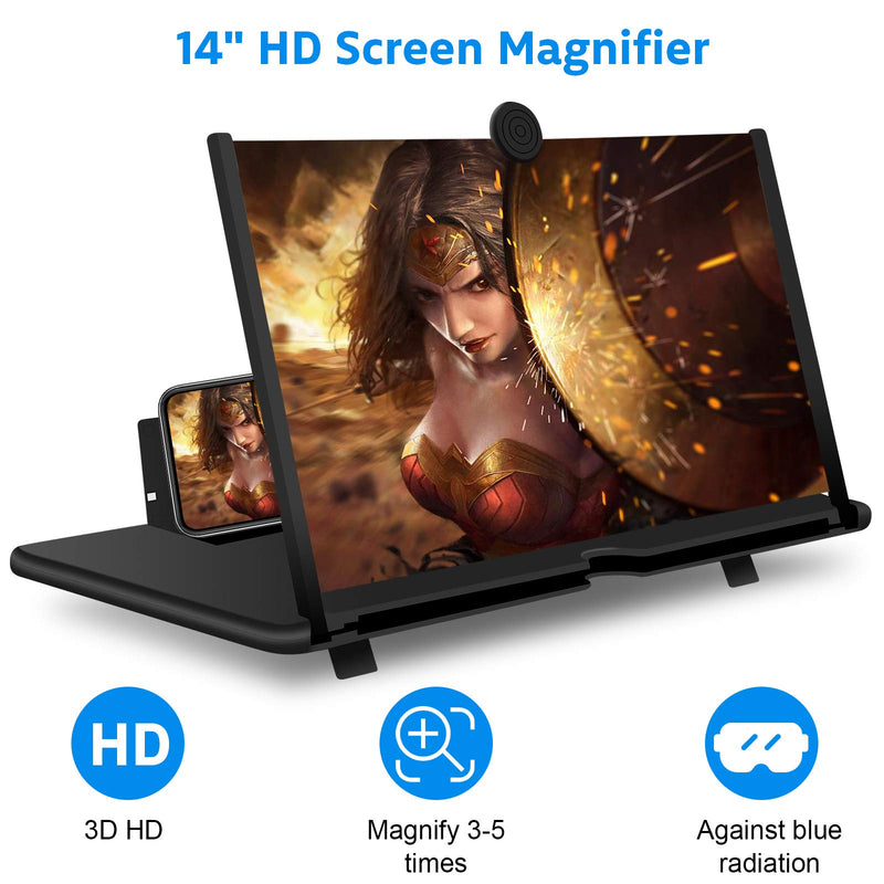 Screen Magnifier for Cell Phone, 14" 3D HD Mobile Phone Screen Amplifier with Folding Stand Holder, Magnifying Projector Screen Enlarger for Movies, Videos, Gaming - 3X Magnification Anti-Reflective Black