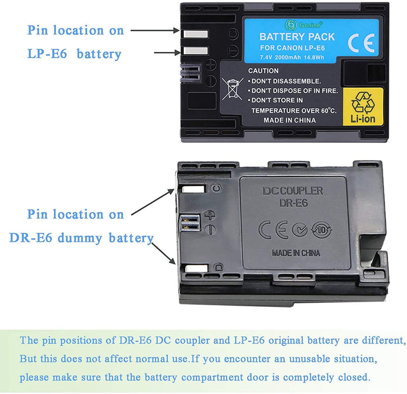 Gonine ACK-E6 DR-E6 DC Coupler LP-E6 LP-E6N Dummy Battery AC Power Adapter Supply Kit for Canon EOS 90D 80D 70D 60D 60Da 6D 7D Mark II, 5D Mark III, 5D Mark IV, EOS R R5 R6 Cameras.