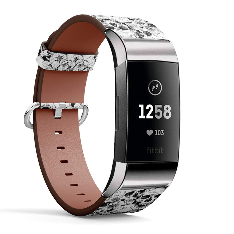 Compatible with Fitbit Charge 4 / Charge 3 / Charge 3 SE - Leather Watch Wrist Band Strap Bracelet with Stainless Steel Adapters (Skull Flowers)