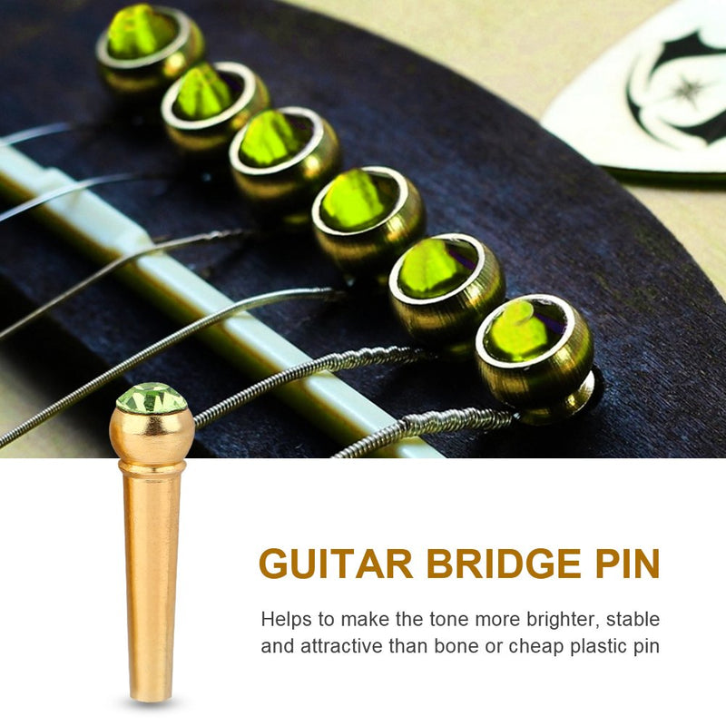 6Pcs Bridge Pin Copper Material Folk Acoustic Guitar Bridge Pin Peg Nail with Colorful Crystal Glass Dot Green