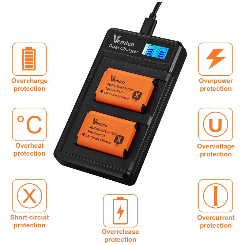 Vemico NP-BX1 Battery Charger Set 3X1240mah Replacement Batteries 2 Channel LCD Charger for Sony Cyber-Shot DSC-RX100/RX100 II/RX100 III/RX100 V/RX100IV/FDR-X3000/HDR-AS50/AS300 and More