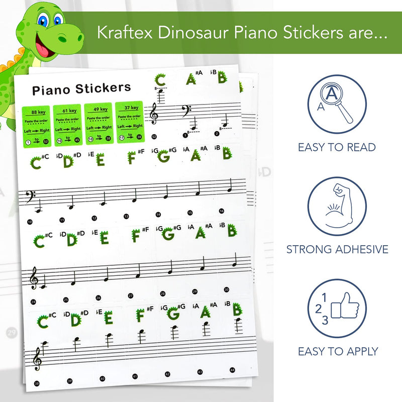 Keyboard Piano Stickers for 88/76/61/49 [52 White Key Labels] Piano Stickers for Keys, Transparent and Removable. Music Notes for Kids and Beginners with Dinosaur Design Learning Aid for Reading and Playing
