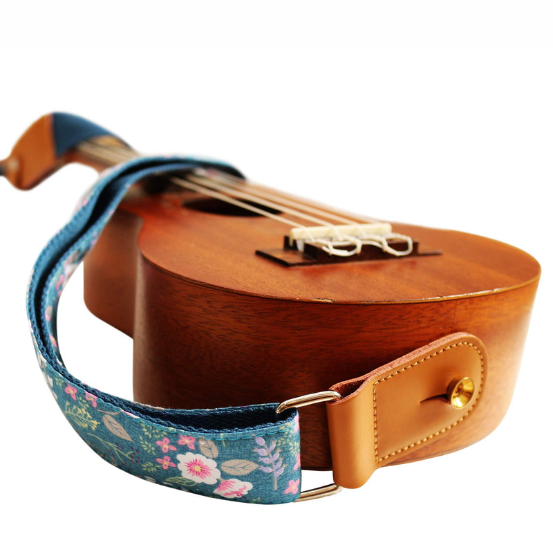 [AUSTRALIA] - MUSIC FIRST Original Design Vintage “Dawn Fog Garden” Soft Cotton & Genuine Leather Ukulele Strap Ukulele Shoulder Strap With a MUSIC FIRST Genuine Leather Strap Locker 