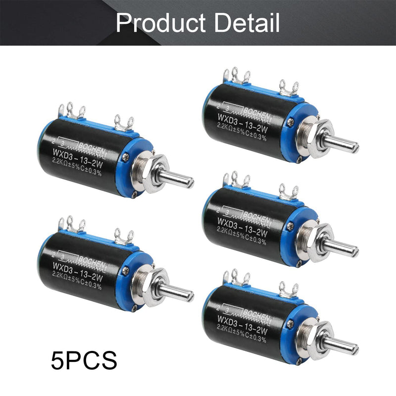 Fielect 5pcs 2.2KΩ Rotary Wire Wound Potentiometer 2W 160V Multi Turn Wirewound Potentiometer, Adjustable Resistor 2.2kΩ