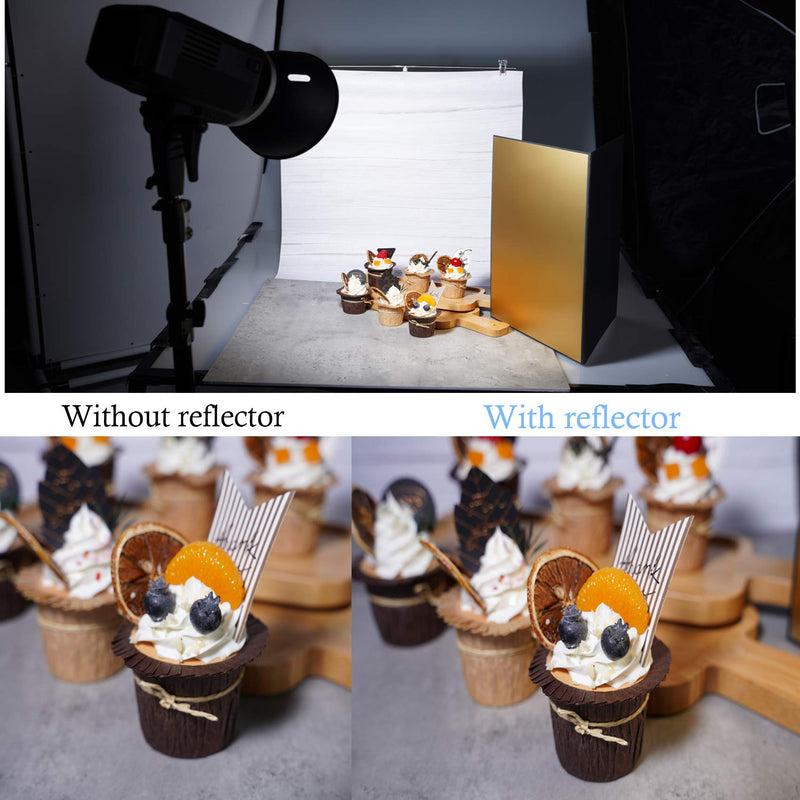 Meking 17x12 Inch 3 in 1 Light Reflector Photography Cardboard, Studio Foldable Light Diffuser Board for Still Life Product and Food Photo Shooting - Gold Silver and Black, White 2 Pack Gold*1+Silver*1