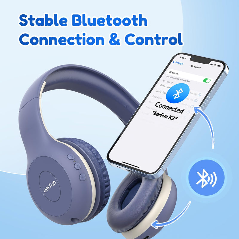 [AUSTRALIA] - Kids Bluetooth Headphones, EarFun K2 Kids Headphones with Volume Limited, 40H Playtime, Bluetooth 5.0 Headphones with Mic, Stereo Sound, Foldable Over-Ear Headphones for Kids/School/Travel/iPad/Tablet 