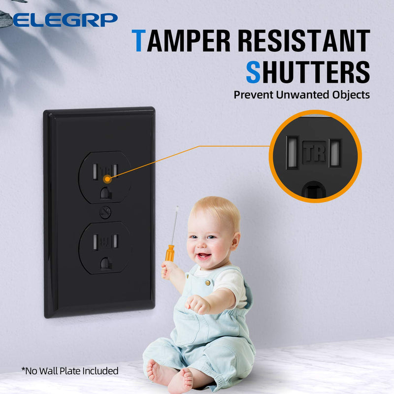ELEGRP Tamper-Resistant Duplex Receptacle, 15A 125V Standard Electrical Duplex Wall Outlet, 2 Pole 3 Wire, 5-15R, Self-Grounding, Residential Grade Straight Blade, UL (Glossy Black, 10 Pack) TR Outlet