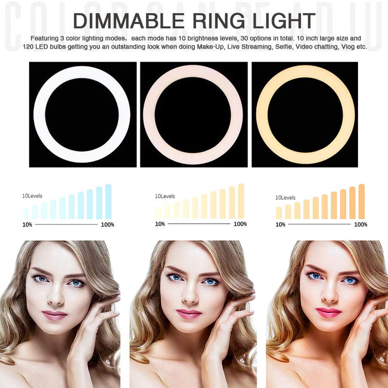 10" LED Selfie Ring Light with Tripod Stand & Phone Holder and Remote Control 5500K 120 Bulbs Dimmable Beauty Ringlight,Shooting with 3 Light Modes & 10 Brightness Level for YouTube/Live Stream/Makeup Grey