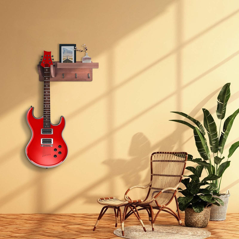 BROTOU Guitar Wall Mount Hanger, Guitar Wall Bracket Wood Guitar Hanging Rack with Pick Holder Storage Shelf and 3 Metal Hook for Guitar Accessories Electric Acoustic Bass Guitars - with 3 Free Picks
