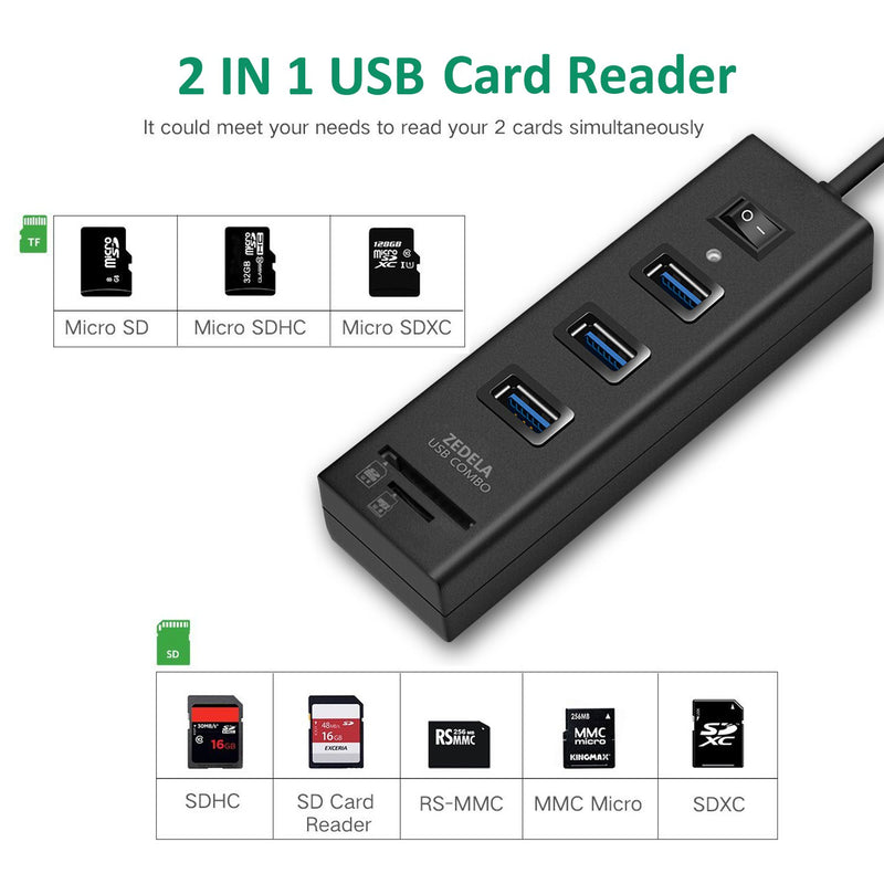 USB 3.0 Hub, Zedela USB Hub 3.0 with SD Card Reader (3 USB 3.0 Port Adapter + SD/TF/Micro SD Card Reader), 5Gbps SD to USB Adapter for Computer(Windows,iMac,MacBook Pro/Air), IdeaPad-with Power Switc Black