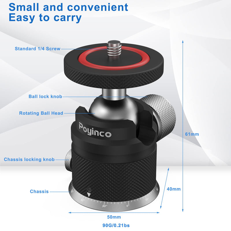 Poyinco Camera Tripod Mini Ball Head with 1/4" Hotshoe Mount Adapter 360 Degree Rotatable Aluminum Tripod Head for Monopod DSLR Cameras Phone Gopro Max Load 6.6lbs/3kg 2 U-shaped slots