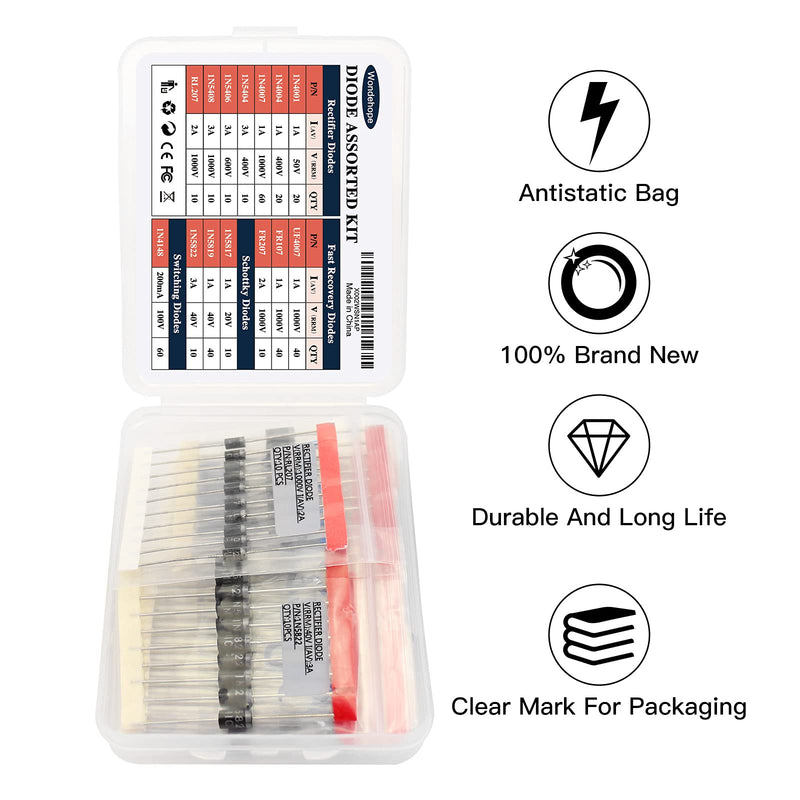 14 Value 350 Pcs Diode Kit, Rectifier/Fast Recovery/Switching/Schottky Assortment Diodes Kit, 1N4001 1N4004 1N4007 1N4148 1N5404 1N5406 1N5408 RL207 FR107 FR207 UF4007 1N5817 1N5819 1N5822