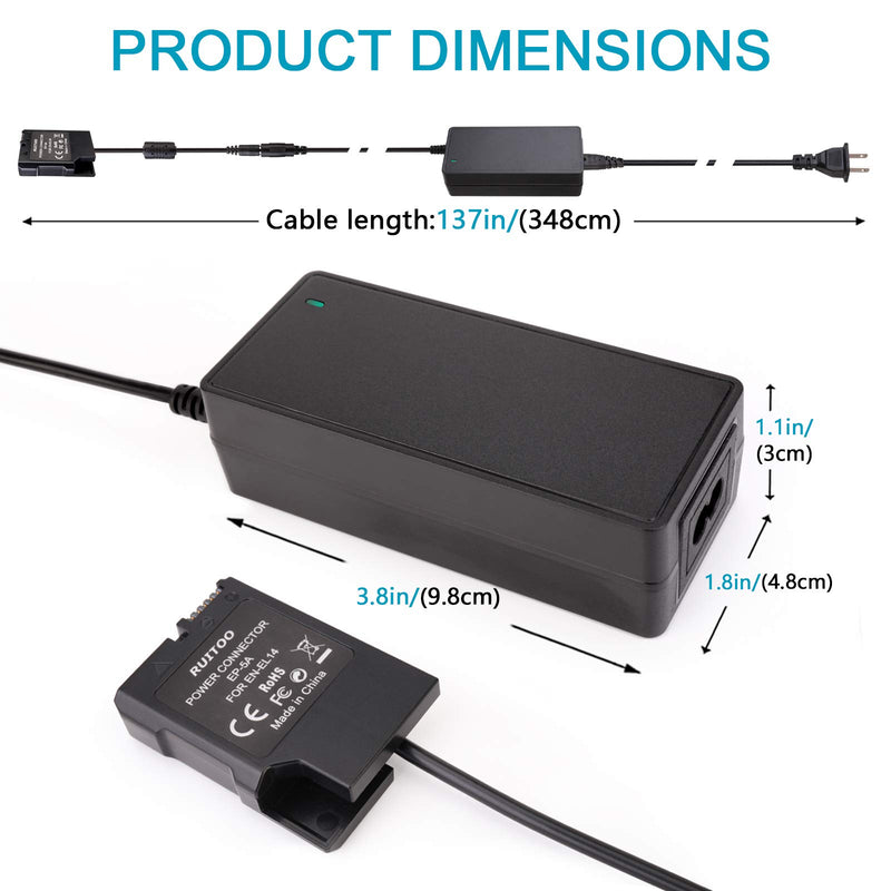 [AUSTRALIA] - RUITOO EP-5A DC Coupler EH-5 AC Power Adapter Supply Charger Kit Replacement for EN-EL14 / EN-EL14A Battery for Nikon D3100 D3300 D3400 D5200 D5300 D5500 D5600 Df，Coolpix P7100 P7700 D7800 Cameras 