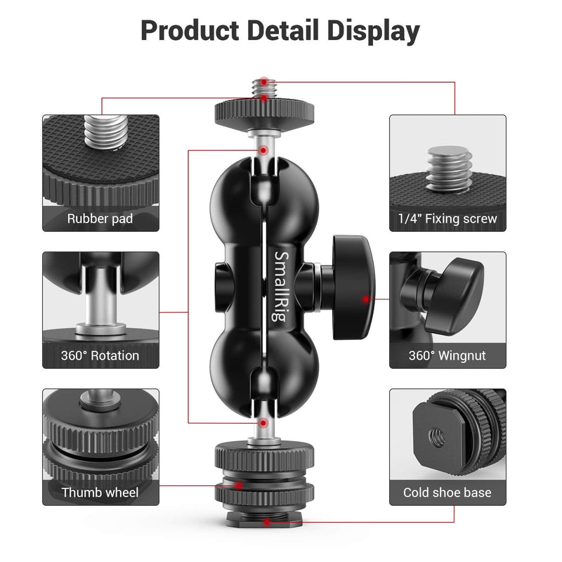 SMALLRIG Cool Ballhead Multi-Function Double Ballhead with Shoe Mount & 1/4" Screw for Monitors Led Light - 1135