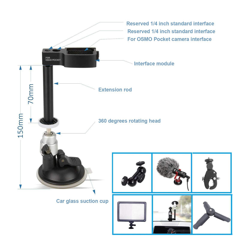 Camera Suction Mount, 3/8 & 1/4 Car Bracket Windshield Mount Bracket Suction Cup Holder, Camera Stand for DJI OSMO Pocket/Pocket 2 Camera