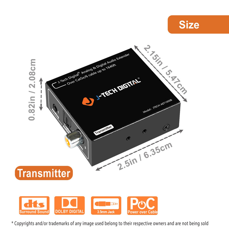 Analog & Digital Audio Extender Converter Over Single Cat5e/6 (PoC) up to 1640 FT | 3.5mm + Optical SPDIF + Coaxial by J-Tech Digital [JTECH-AET1000B]