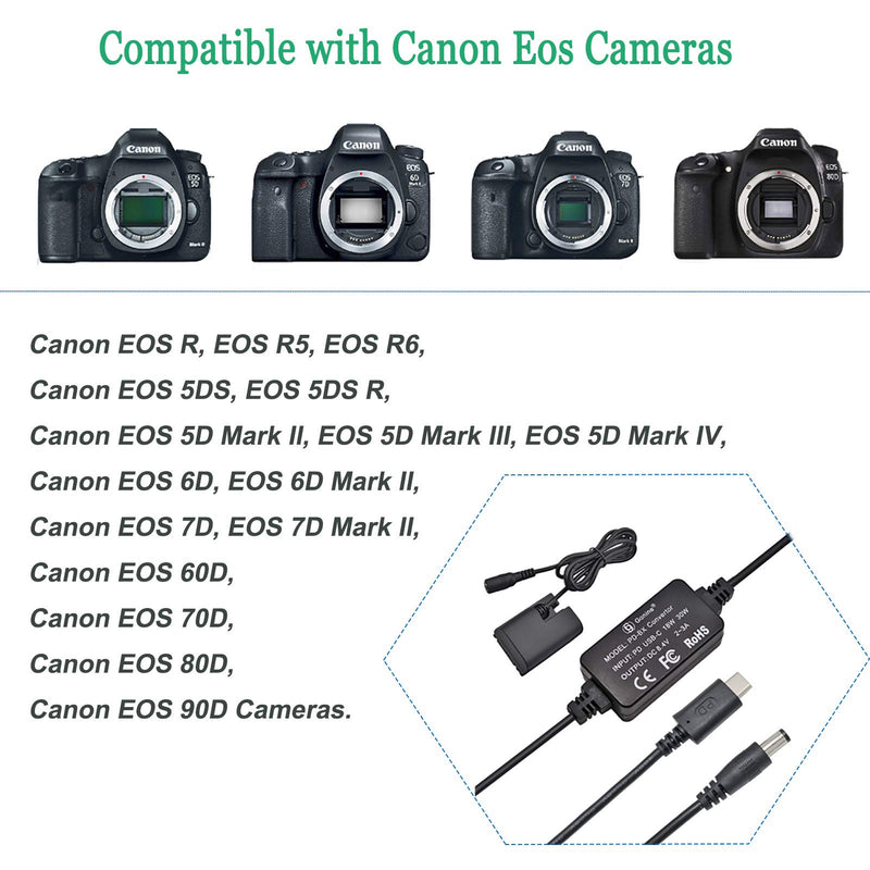 Gonine ACK-E6 USB-C AC Power Adapter DR-E6 DC Coupler Set, Replacement LP-E6 LP-E6N Battery for Canon EOS 70D/7D, EOS 60D/6D, EOS 5D Mark II III, EOS 5DS, EOS 5DS-R Cameras.