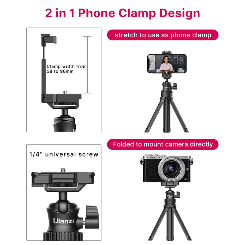 Ulanzi MT-34 Extendable Pole Tripod Mini Tabletop Tripod Selfie Stick with 2 in 1 Phone Clamp, Travel Tripod for Phone 12 Canon G7X Mark III Sony ZV-1 RX100 VII A6600 Vloging Filmmaking Live Streaming