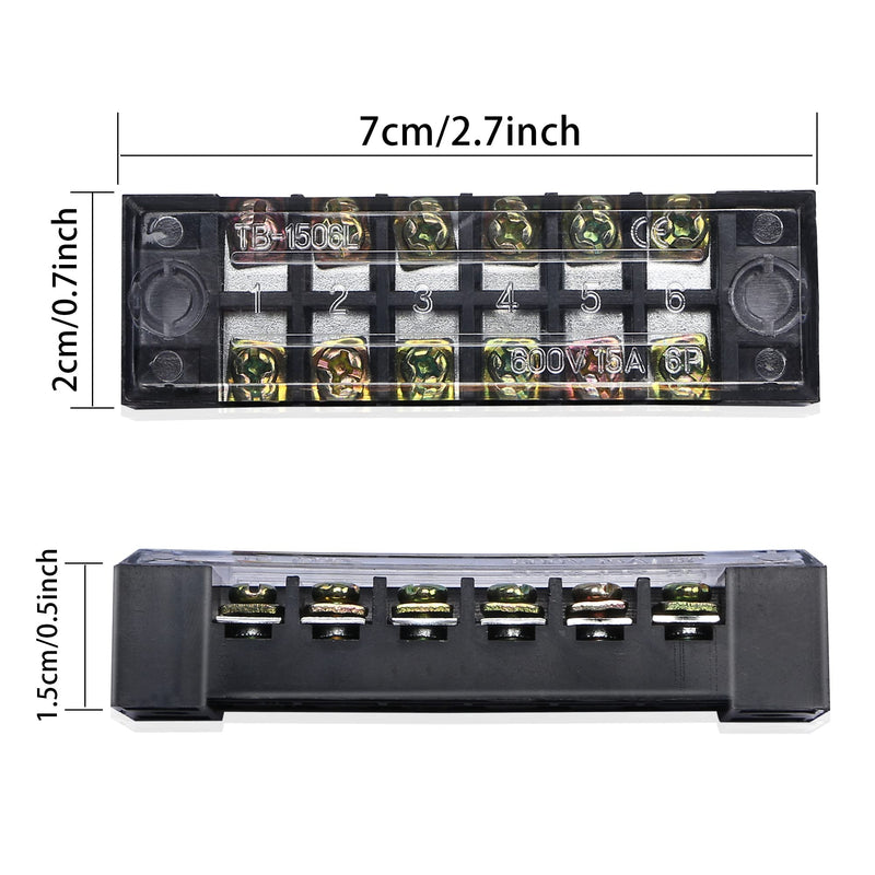 PNGKNYOCN 6 Positions Dual Rows 600V 15A Barrier Screw Terminal Strip Block with Cover TB-1506（6-Pack ）