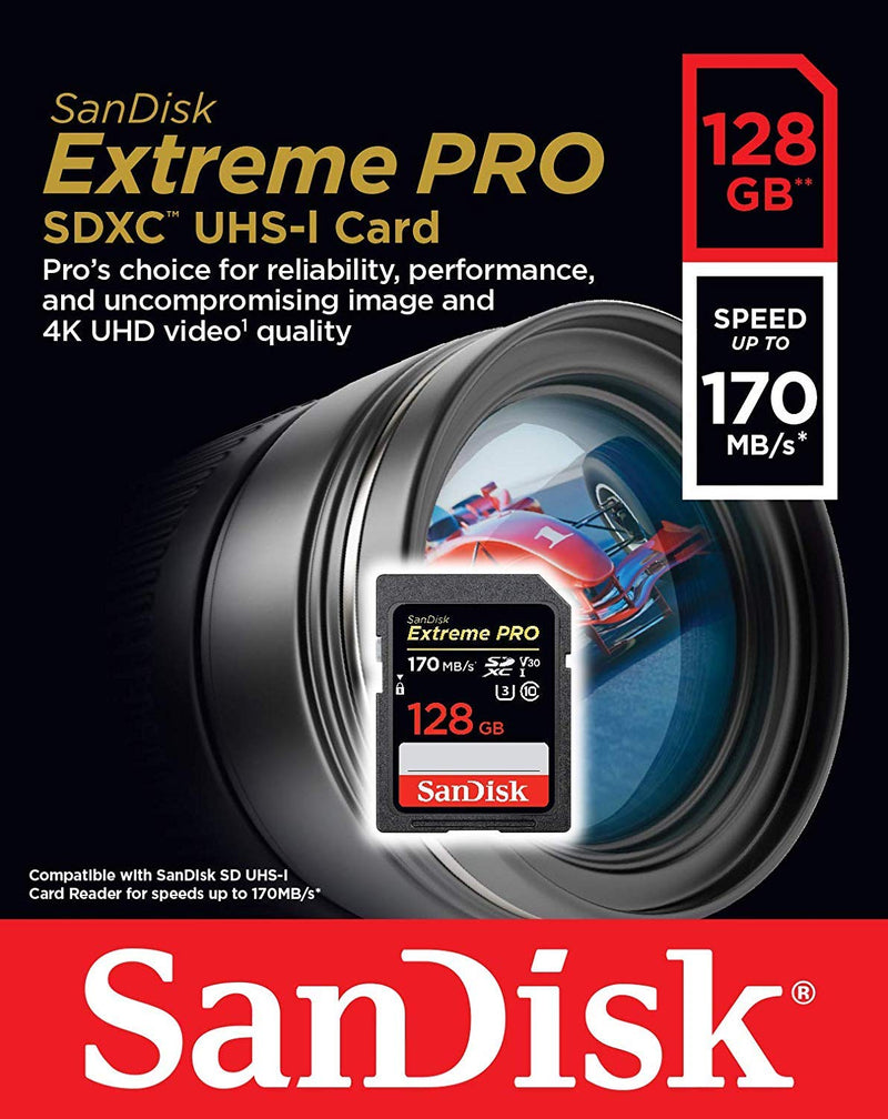 SanDisk 128GB Extreme Pro Memory Card for FujiFilm X-T2, X100F, FinePix S8600, X-S1, X-T10, X-A1, X100T Digital DSLR Camera SDXC High Speed 4K V30 UHS-I with Everything But Stromboli Reader