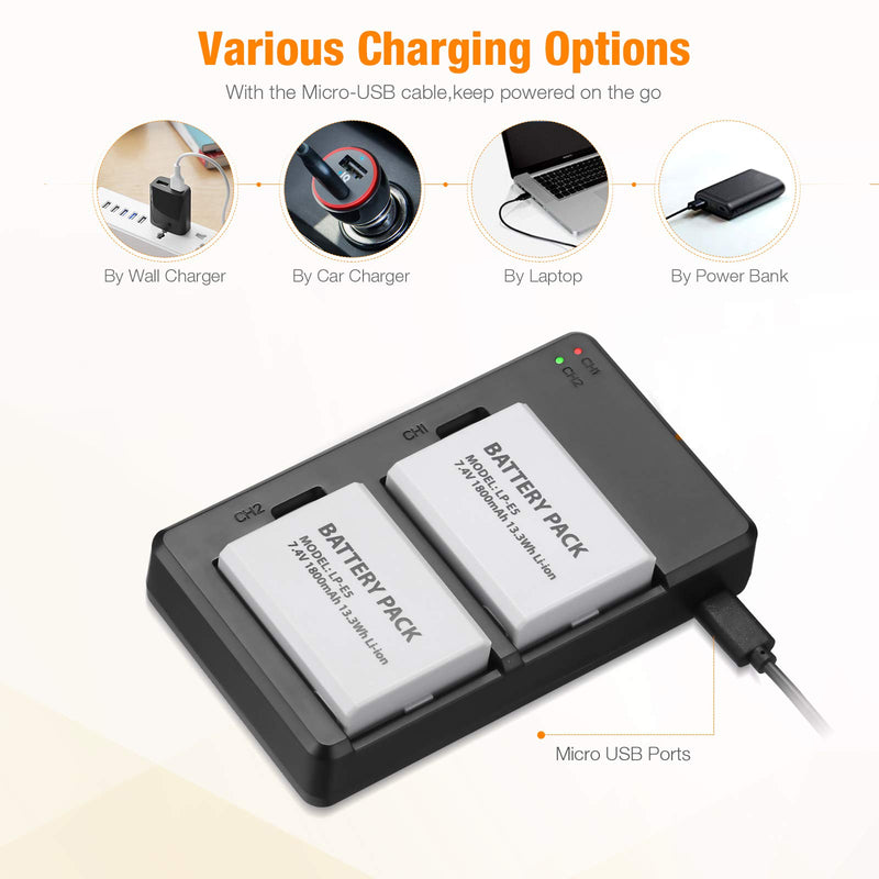 LP-E5 Battery Pack and Battery Charger Set for Canon EOS Rebel XS, Rebel T1i, Rebel XSi, 1000D, 500D, 450D, Kiss X3, Kiss X2, Kiss F Camera