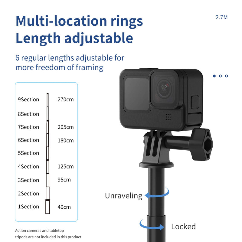 TELESIN 106" Ultra Long Selfie Stick (Upgraded 2.7 Meters) for GoPro Hero 9 8 7 6 5 4 3+, Insta 360 One R One X, DJI Osmo Action, Extendable at 6 Lengths Carbon Fiber Lightweight Pole Monopod Upgraded 2.7 Meters