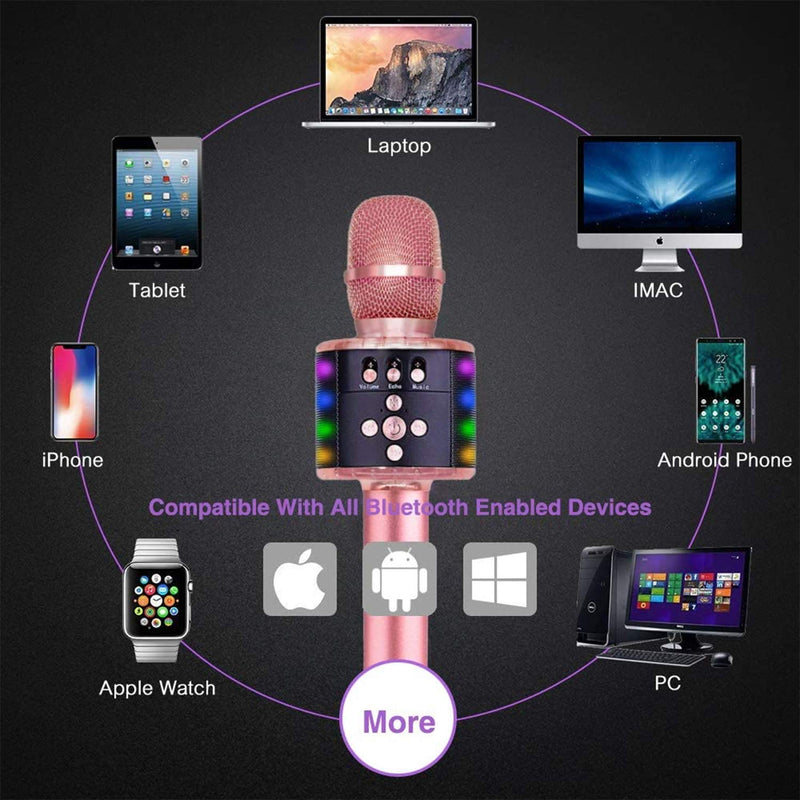 Wireless Bluetooth Karaoke Microphone with Multi-color LED Lights, 4 in 1 Portable Handheld Home Party Karaoke Speaker Machine for Android/iPhone/iPad/Sony/PC(Rose Gold) Rose Gold