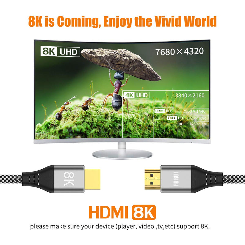 8K HDMI Cable 6ft, FURUI Nylon Braided 2.1 HDMI Cable, CL3 Rated Support Dolby Atmos, 8K@60Hz, 4K@120Hz, Ultra Speed 48Gbps, eARC, HDCP 2.2 & 2.3, Dynamic HDR Compatible with Apple TV, Roku, Xbox, PS4 6Feet