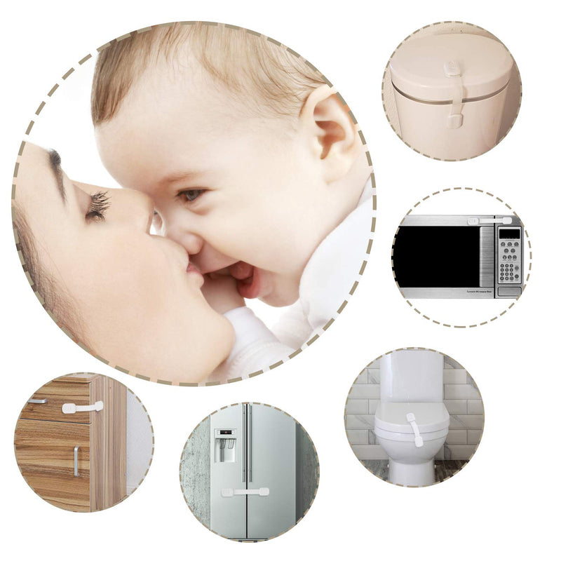 Child Safety Cabinet Locks - (10 Pack) Baby Proofing Latches to Drawer Door Fridge Oven Toilet Seat Kitchen Cupboard Appliance Trash Can with 3M Adhesive - Adjustable Strap No Drill No Tool White