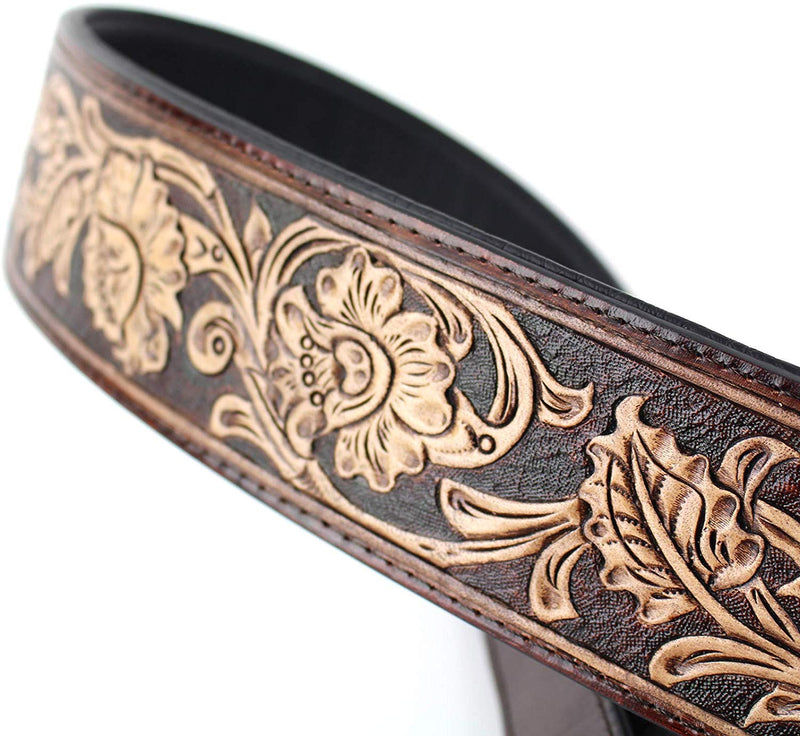 Walnut Brown Carving Leather Padded Guitar Strap With Hand Carved Traditional Western Tooling Walker & Williams KH-02-BRN