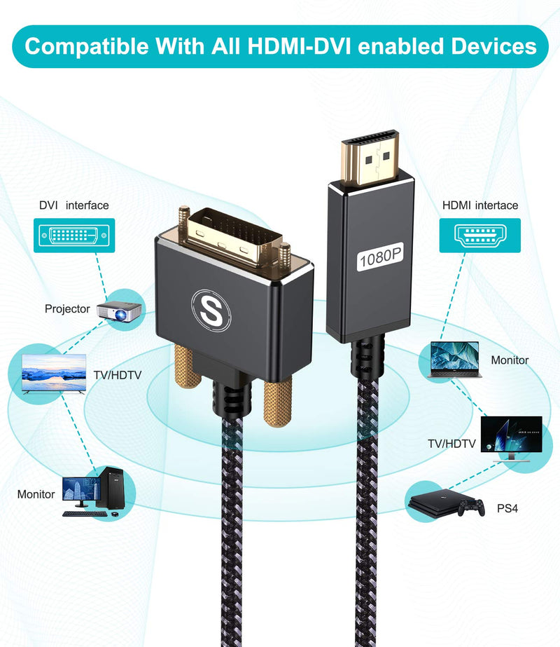 HDMI to DVI Cable 10ft [1080P Full HD],Sweguard HDMI to DVI Adapter Bi-Directional DVI-D Male to HDMI Male Gold Plated Nylon Braided High Speed Cable with PS4,PS3,PC,Laptop,Monitor,TV,Projector-Grey grey