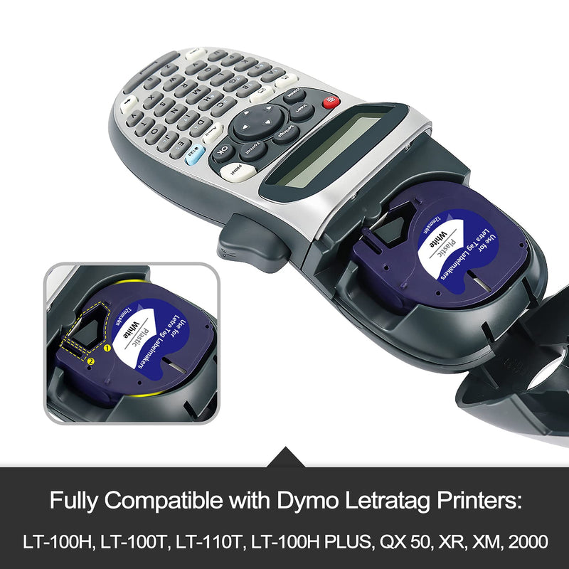 4 Pack Compatible Label Tape Replacement for DYMO Letratag Refills Plastic White 91331 S0721660, Black on White LT Label Tape for DYMO LetraTag LT-100T LT-100H LT-110T QX50, 1/2" x 13' (12mm x 4m)