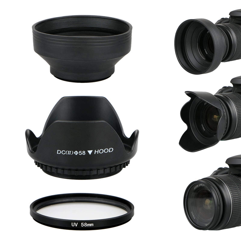 EEEKit 58mm Hard Lens Hood + 58mm Soft Lens Hood + 58mm UV Filter Lens Kit for Canon Rebel T7i T6S T6i T6 T5i T5 T4i T3i T3 T2i T1i XT XTi XSi SL1