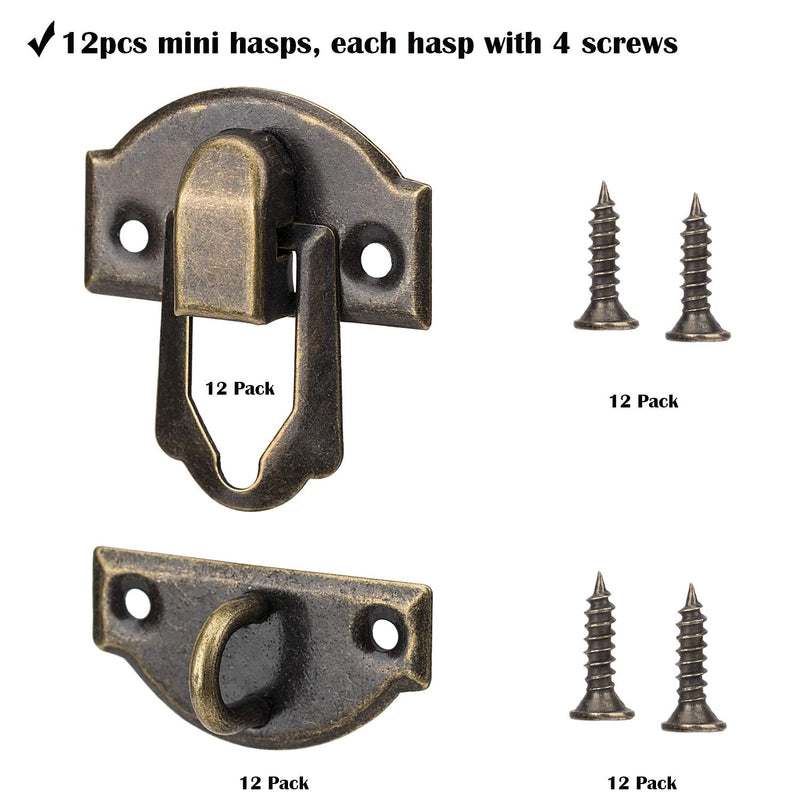 PAGOW 27MM Antique Brass Latch hasps, 12-Pack with Bronze Screws for Wooden Jewelry Box Cabinet Decorative, Suitcase Box Old Style Lock (12 Pack) 12 Pack