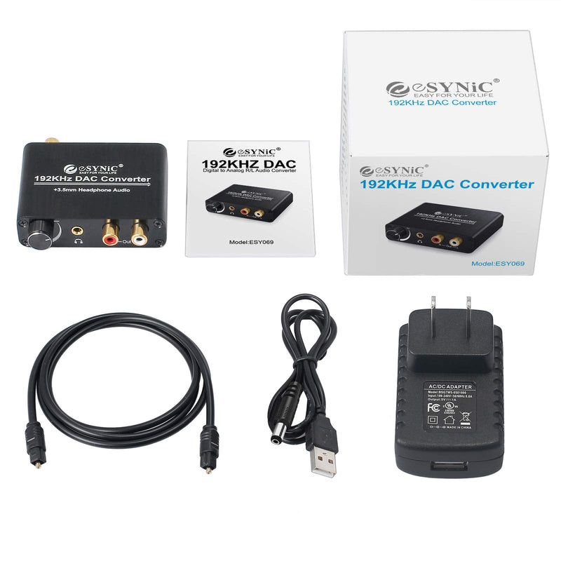 192kHz DAC Converter eSynic Digital to Analog Converter Volume Control Digital Optical Coaxial Toslink to Analog Stereo L/R RCA 3.5mm Audio Adapter with Power Plug for DVD PS3 PS4 TV Amps Home Cinema