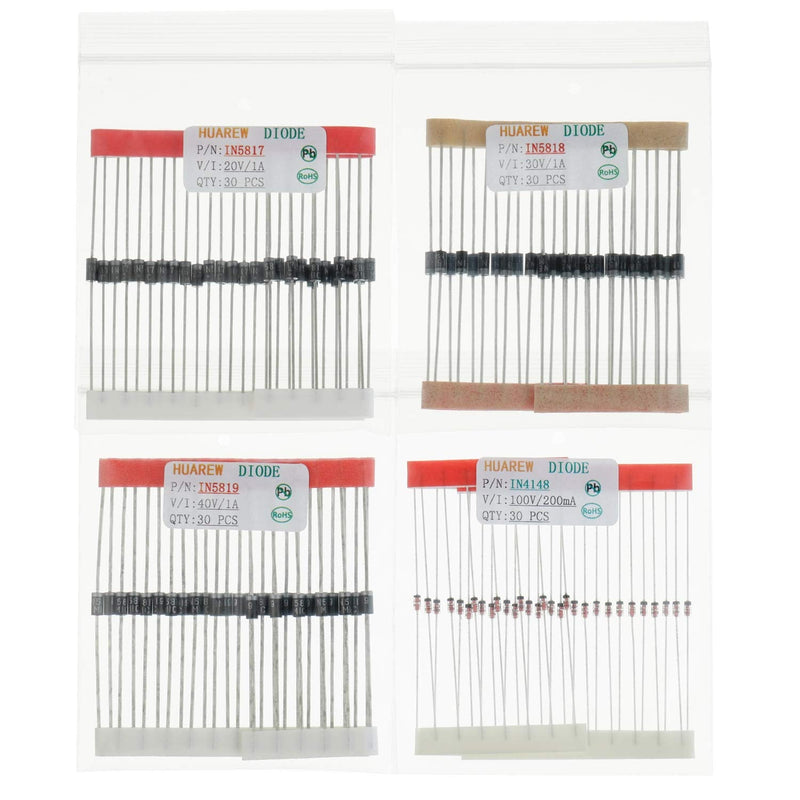 HUAREW 12 Values 300 Pcs Rectifier Diodes 1N4001 1N4002 1N4004 1N4005 1N4007 1N5404 1N5406 1N5408 Schottky Diodes 1N5817 1N5818 1N5819 Switching Diodes 1N4148 Assortment Kit