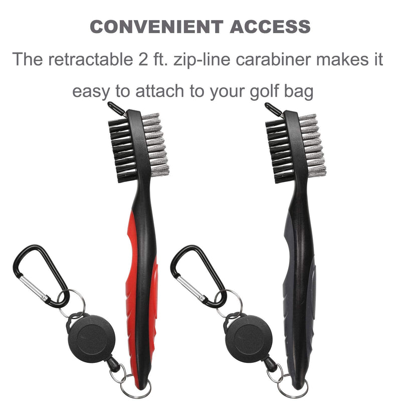 Borogo Pack of 2 Golf Club Brush Groove Cleaner with 2 Ft Retractable Zip-line and Aluminum Carabiner Cleaning Tools Black + Red