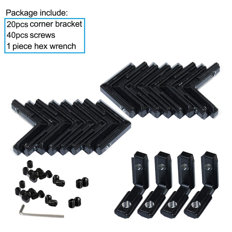 20pcs/lot Black 2020 Series L-Shape Interior Inside Corner Connector Joint Bracket with Screws for 20x20 Series Aluminum Extrusion Profile Slot 6mm