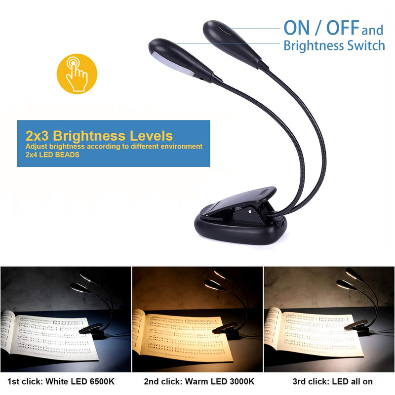 Rechargeable Music Stand Light, iGoober Clip on Reading Light, 8 LED Book Lamp, 3-Level Brightness for Eye Protection, Perfect for Piano, Orchestra, Bookworms, Craft (White & Warm, Dual Arm)