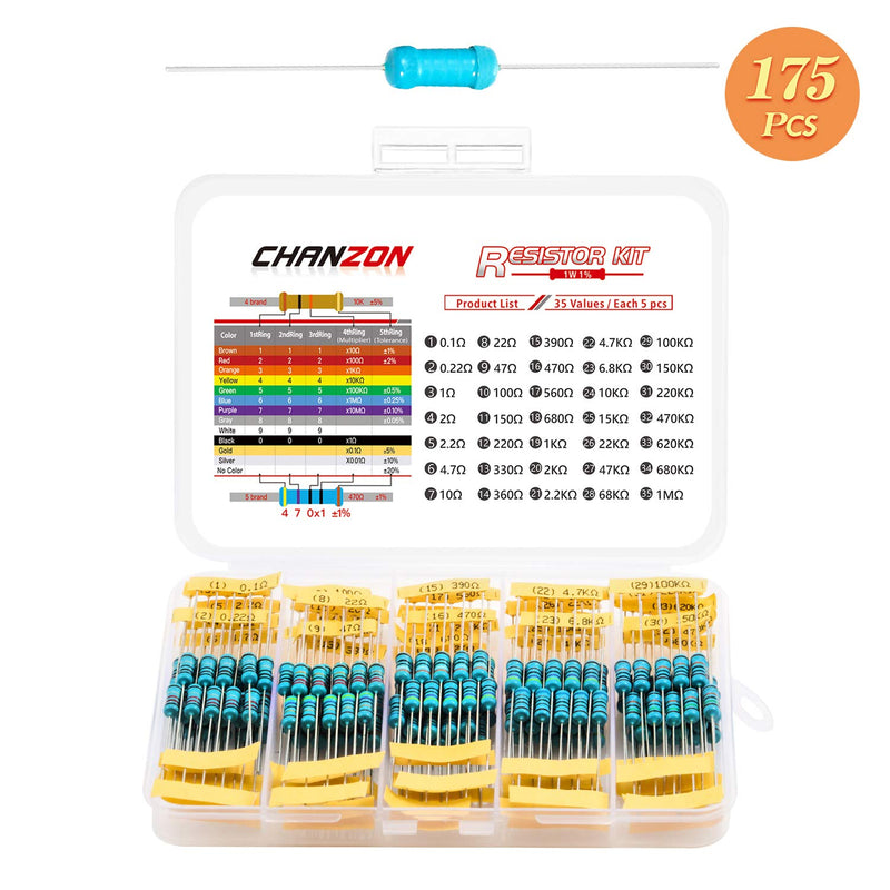 Chanzon 35 Values 1W 0.1R-1MR Ω ohm 175pcs Metal Film Fixed Resistor Kit ±1% Tolerance 0.01 MF Through Hole Resistors Assortment Current Limiting Rohs Certificated