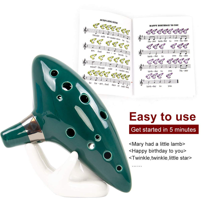 Ocarina 12 Tones Alto C with Song Book Display Stand Neck String Neck Cord (bottle green) bottle green