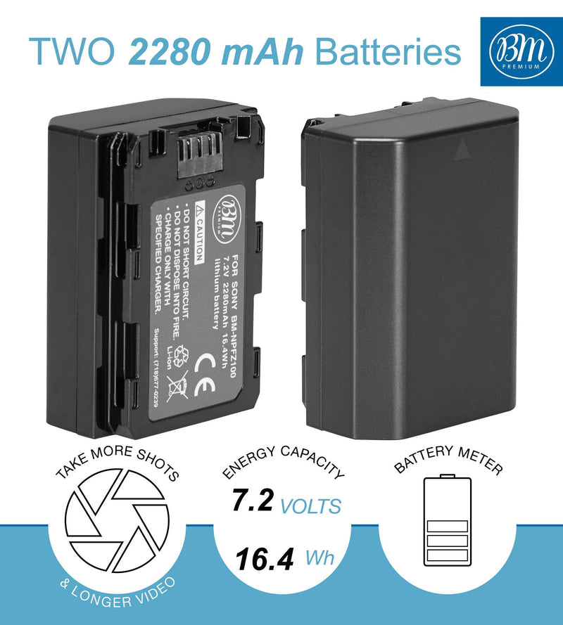 BM Premium 2 NP-FZ100 Batteries and Charger for Sony Alpha 1, FX3, a7C, a7S III, a6600, a7R IV, A7RIII, A7R3, a7 III, Alpha 9, Sony A9, Alpha a9 II, Alpha 9R, A9R, Alpha 9S Cameras