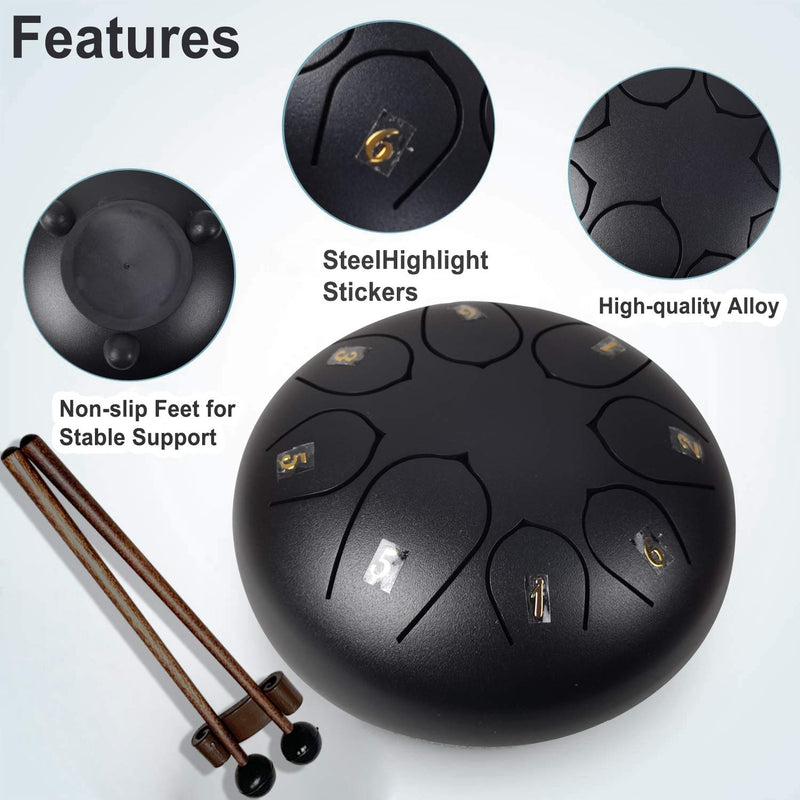 Sidasu Hanpan Drum 6 Inch 8 Notes Steel Tongue Drum Black Hand Tongue Drum Percussion Instrument Lotus Pan Drum with Drum Mallets Carry Bag Great Gift for Beginner Adult Kid