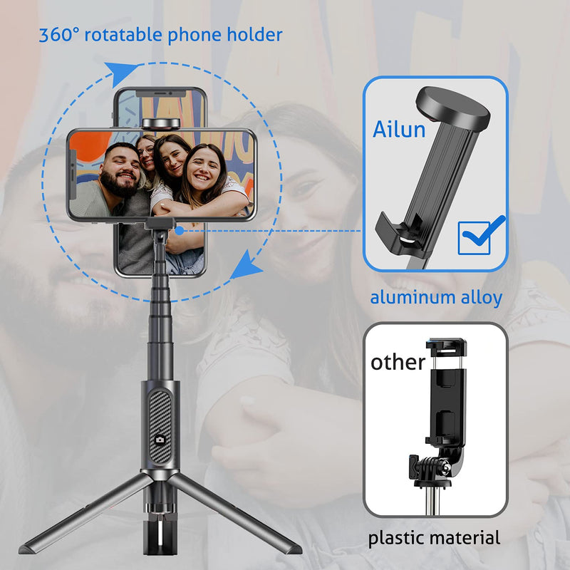 Ailun Selfie Stick Tripod,Extendable Aluminum,3 in 1,Bluetooth Wireless Remote and 360 Rotation Stand for iPhone 14/13/12/11/11 Pro/XS Max/XS/XR/X/8/7,and More Smartphones