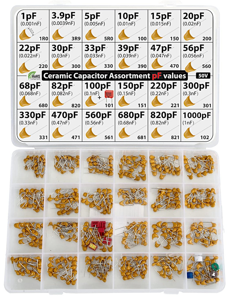 pF values - Box Capacitor Kit Assortment 485 pcs 24 values, all pF: 1pF, 3.9pF, 5pF, 10pF, 15pF, 20pF, 22pF, 30pF, 33pF,39pF, 47pF, 56pF, 100pF, 150pF, 220pF, 330pF, 470pF 560pF 680pF 820pF 1000pF etc