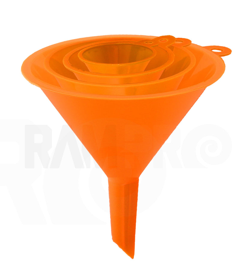 RAM-PRO 4-Piece All Purpose Wide-Mouth Bright Orange Plastic Funnel Set for Quick and Clean Transferring Liquids, Dry Goods, Between Pitchers, Bottles, Cans and Containers