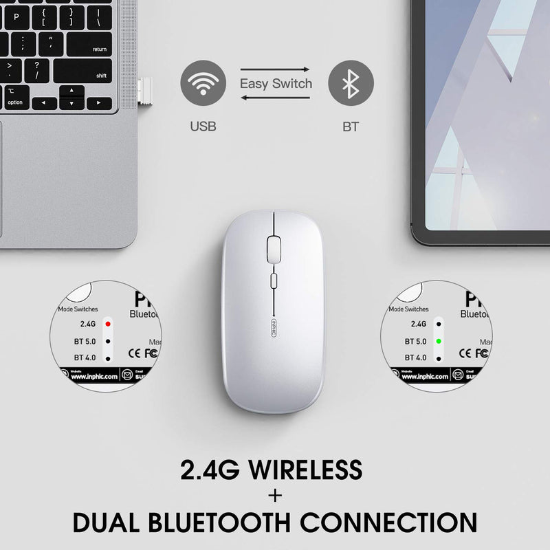 Bluetooth Mouse, INPHIC Multi-Device Slim Silent Rechargeable Bluetooth Wireless Mouse (Tri-Mode: BT 5.0/4.0+2.4G), 1600DPI Portable Mouse for MacBook Laptop Android Tablet Windows PC iPadOS, Silver