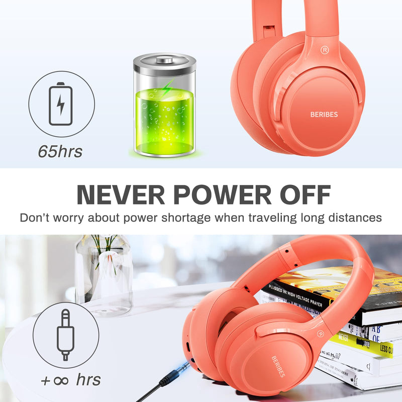 Bluetooth Headphones Over Ear,BERIBES 65H Playtime and 6 EQ Music Modes Wireless Headphones with Microphone,HiFi Stereo Foldable Lightweight Headset, Deep Bass for Home Office Outdoors Etc(Orange Red) Orange Red