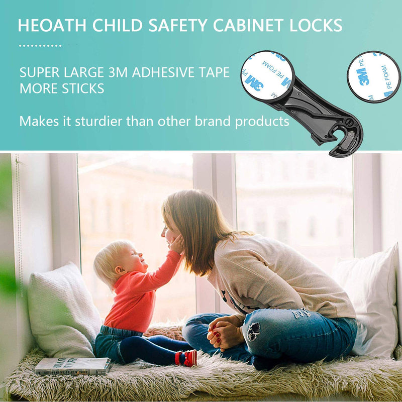 Child Safety Cabinet Locks (10 Pack) - Baby Proofing Latches Lock for Drawers, Toilet Seat, Fridge, Oven, with 10 Extra 3M Adhesives (Black) Black